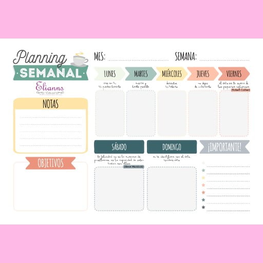 Planning semanal. Imagen de producto.